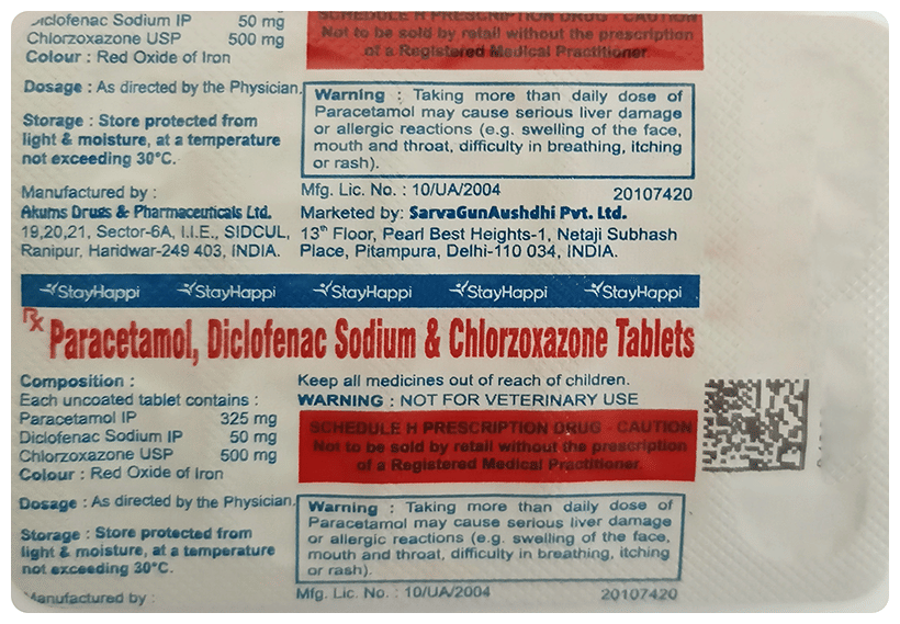 StayHappi Chlorzoxazone+Diclofenac+Paracetamol 500mg/50mg/325mg Tablet