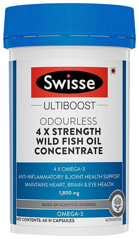 Swisse Ultiboost Odourless 4X Strength Wild Fish Oil | With 1800mg Omega 3 for Joints, Heart, Brain & Eyes | Capsule